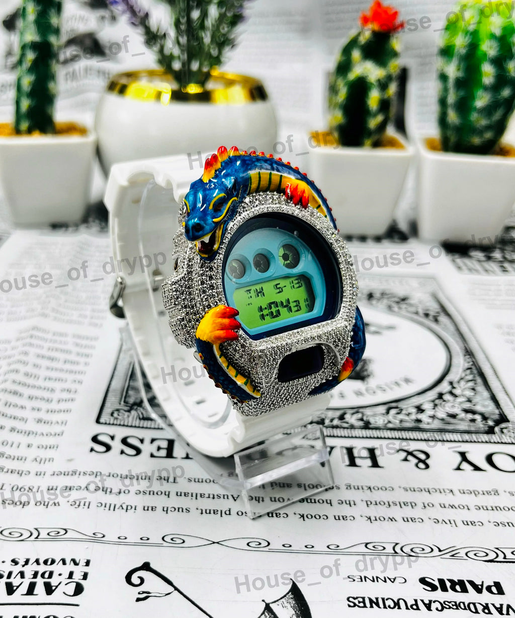 Iced Out Dragon Design Digital Watch Moissanite Diamond Style Colorful Luxury Hip Hop Bling Wristwatch Unisex Statement