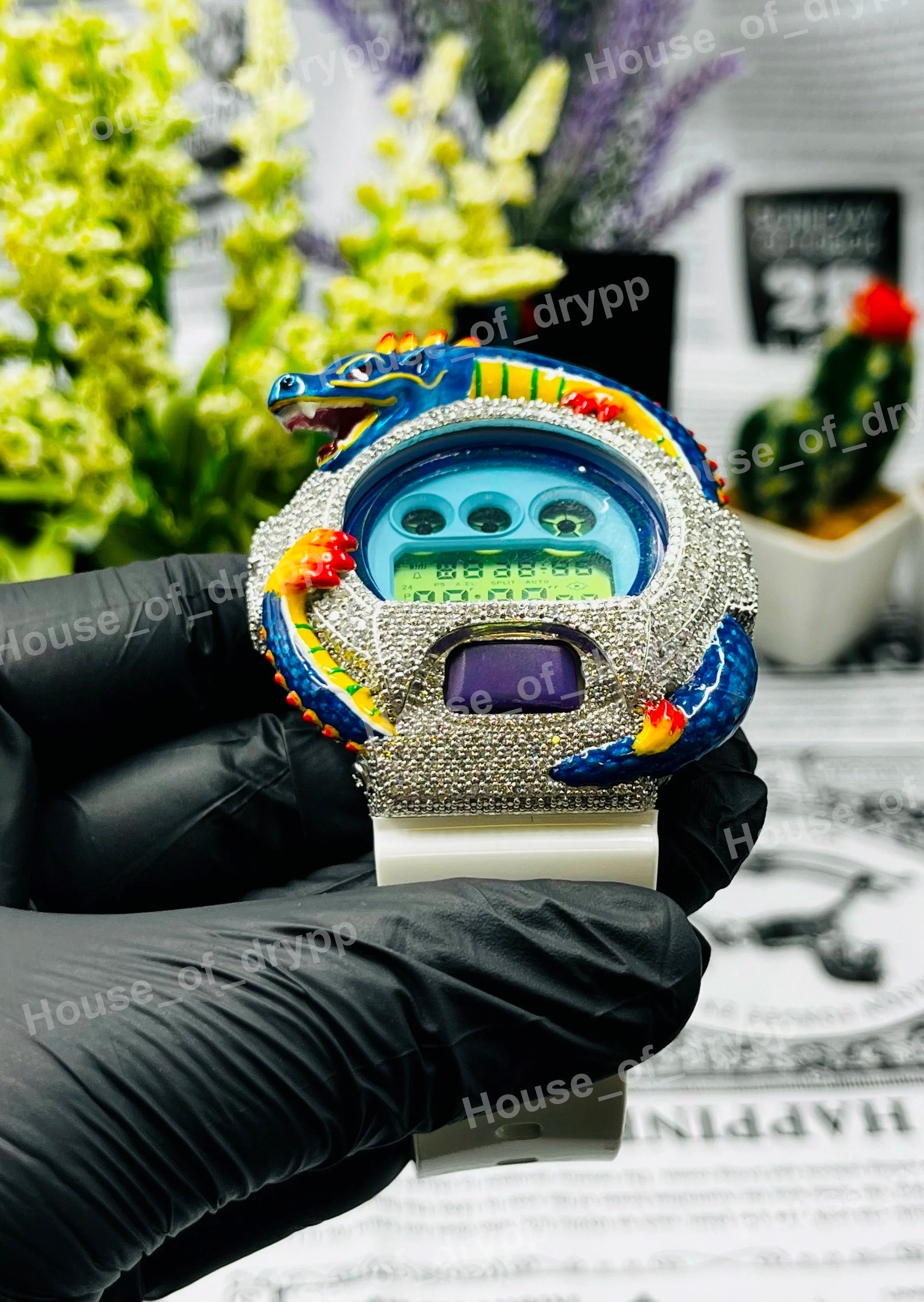 Iced Out Dragon Design Digital Watch Moissanite Diamond Style Colorful Luxury Hip Hop Bling Wristwatch Unisex Statement